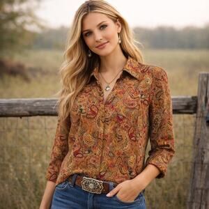 Notations Western Paisley Blouse Womens M Southwestern Boho Brown Lightweight